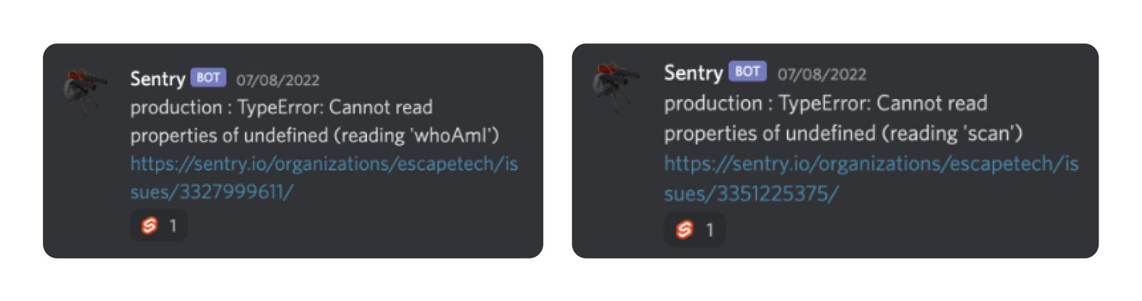 Example of Sentry errors bot notifications on our Discord